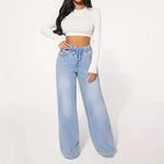 High Waist Drawstring Loose Wide Leg Light Blue Jeans