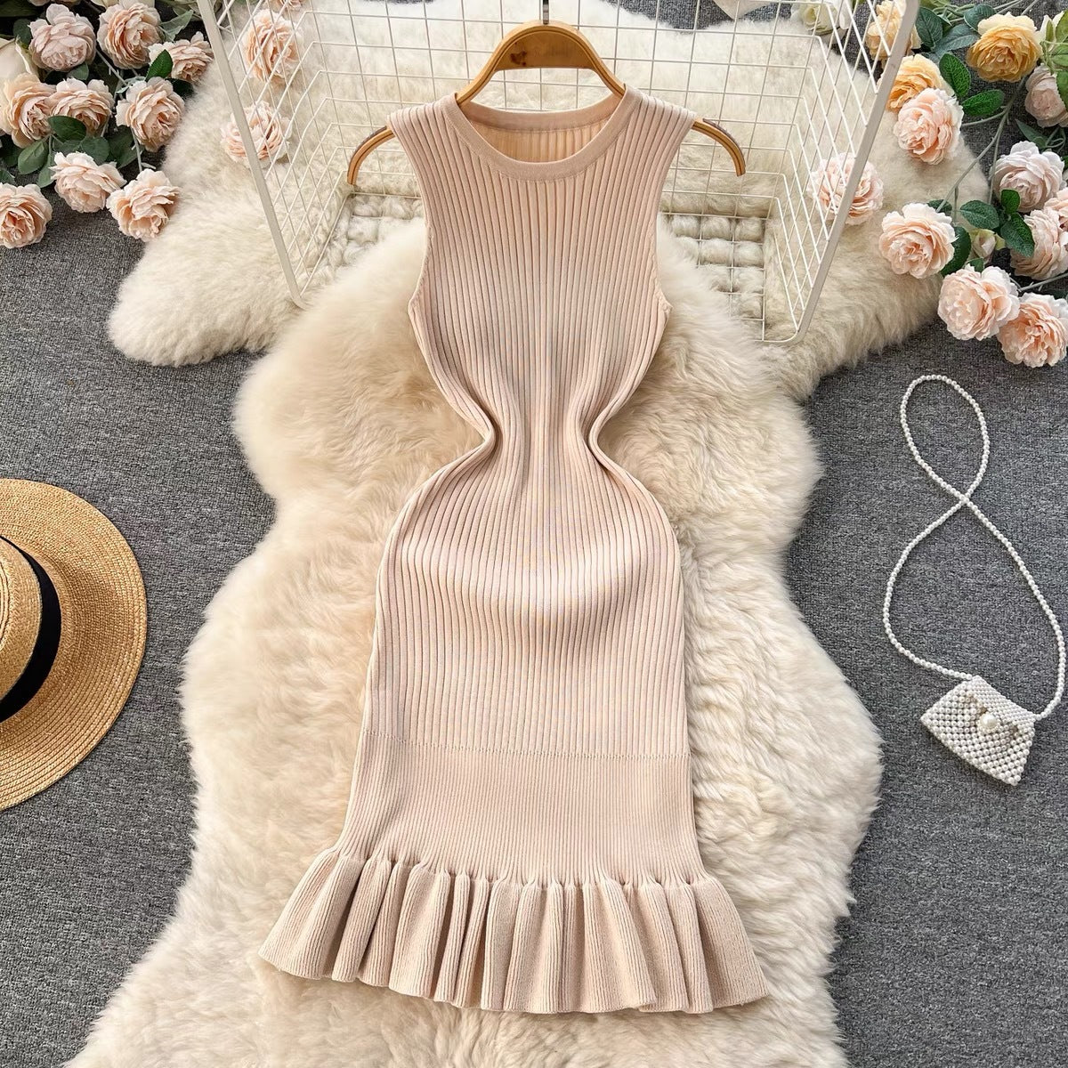Sleeveless Slim Fit Inner Wear Package Hip Over-the-knee Pleated Fishtail Dress