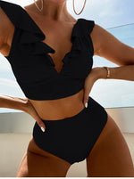 Women's Flounced V-neck Split Swimsuit High Waist Split Bikini
