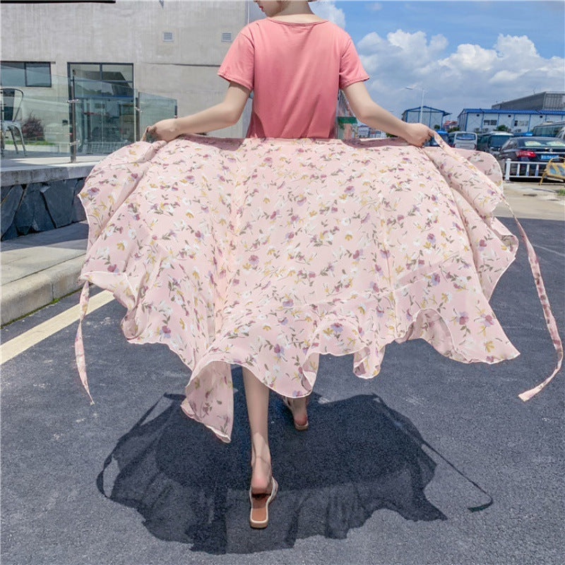 Vacation Style Floral Skirt Chiffon Dress Skirt One-piece Ruffled