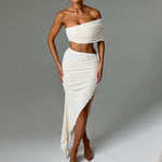 Off-shoulder Slim Tube Top Texture Split Skirt