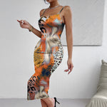 Ladies' Leopard Print Elegant Slimming Vacation Style Suspender Sexy Off Shoulder Dress