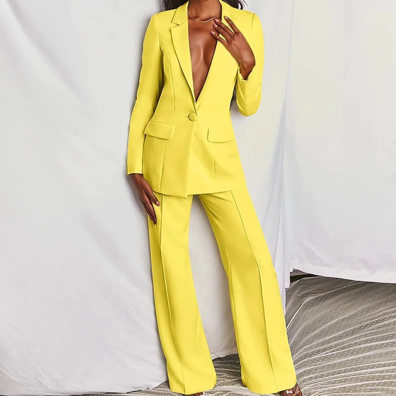 2 Piece SetSpring Elegant Solid Long Sleeve Blazer Suit And Pants For Women Autumn Classic OL Street Outfit