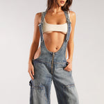 Y2K Zipper Denim Overalls With Pockets Fashion Loose Suspender Jumpsuit Streetwear Jeans Pants Womens Clothing