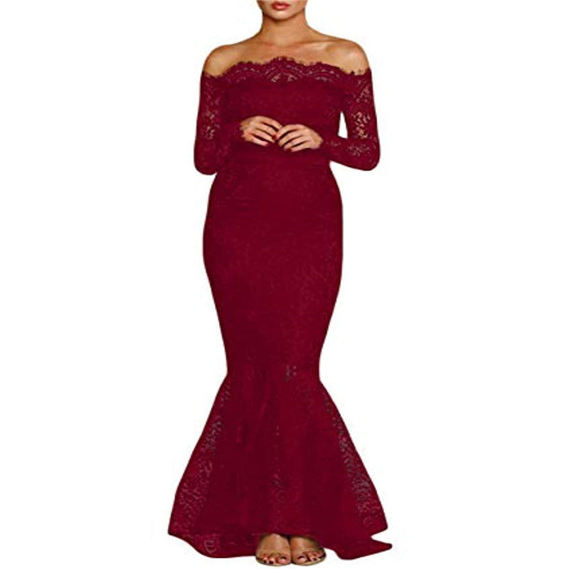 Slim lace off-the-shoulder fishtail wrap dress