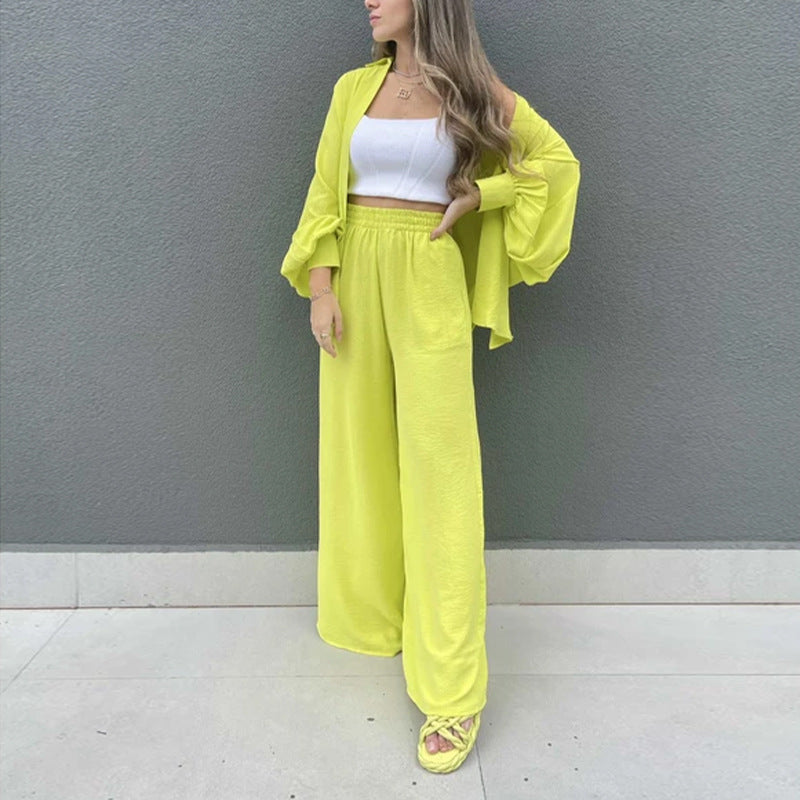 Solid Color Single Breasted Lantern Sleeve Shirt And Pants