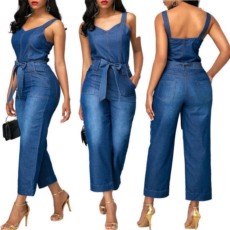 Classy Sling Bowknot Denim Jumpsuit