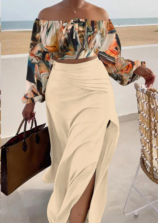 Cross-border Amazon Casual Off-the-shoulder Split Vacation Dress Two-piece Set
