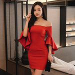 Off shoulder one line collar flared sleeve style skirt