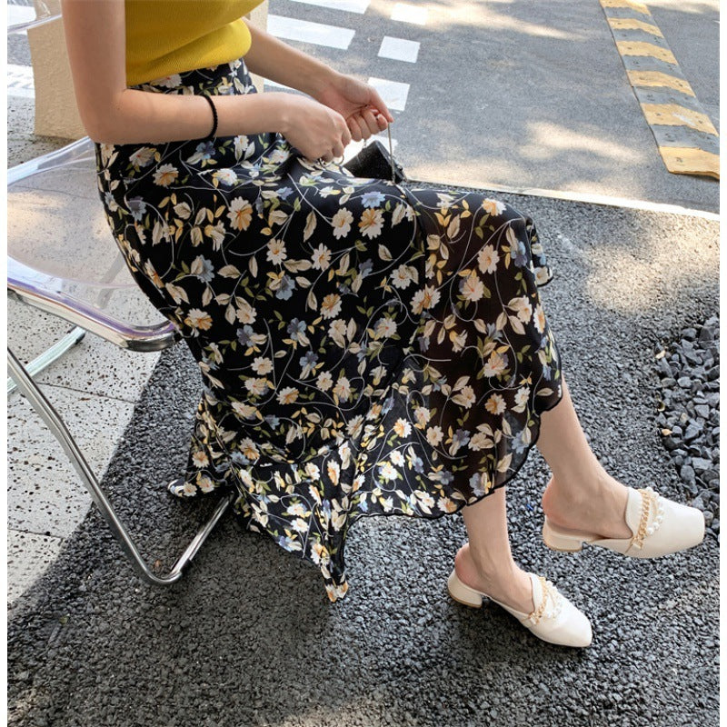 Vacation Style Floral Skirt Chiffon Dress Skirt One-piece Ruffled