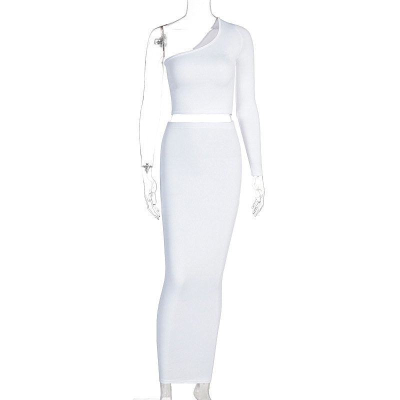 Two-Piece Fashion Ladies One-Shoulder Top and Hip Skirt