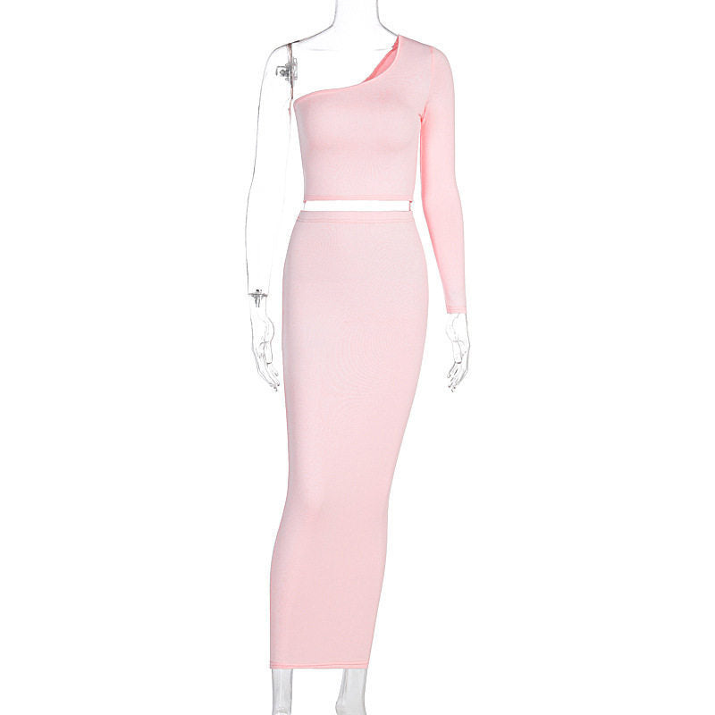Two-Piece Fashion Ladies One-Shoulder Top and Hip Skirt