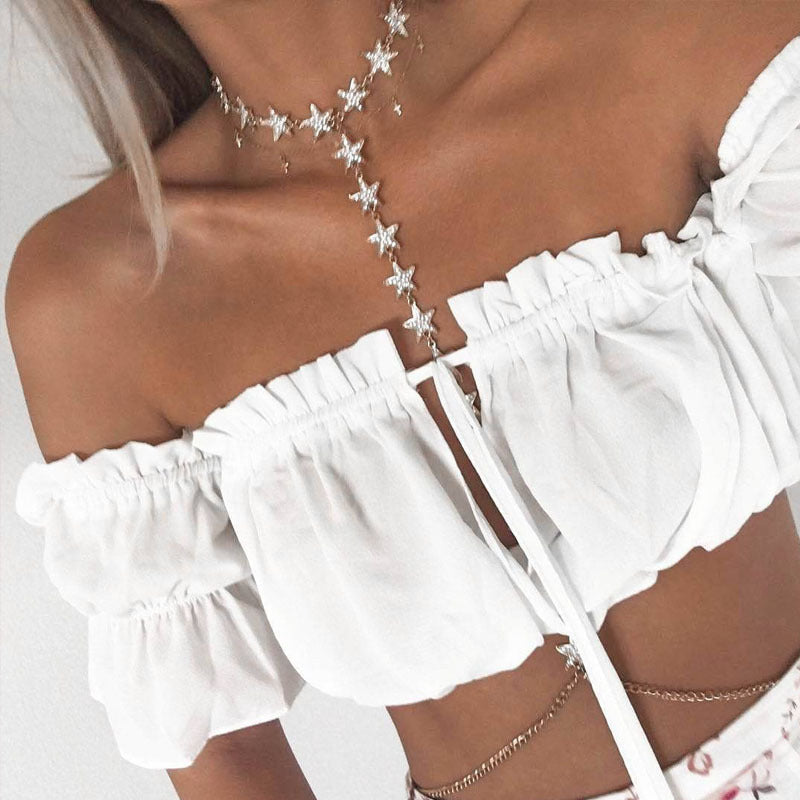 Off-waist Off-shoulder Short-sleeved Chest Wrap T-shirt