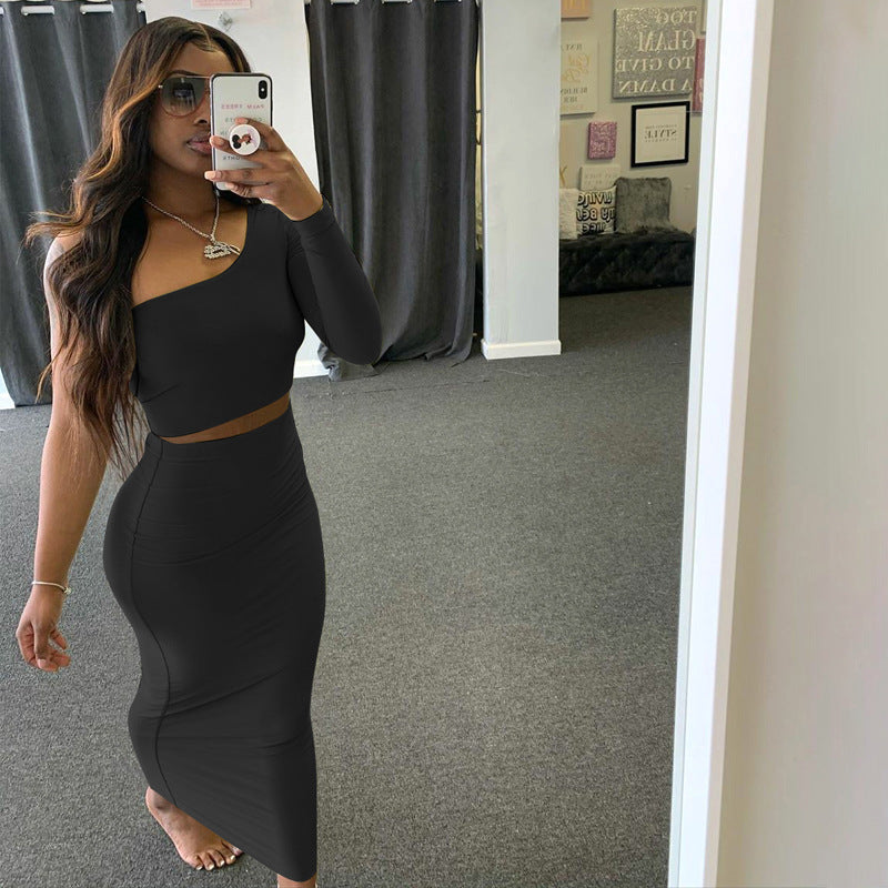 Echoine One Shoulder Sleeve Off Shoulder Jacket And Skirt Two Piece Sexy Party Street Style