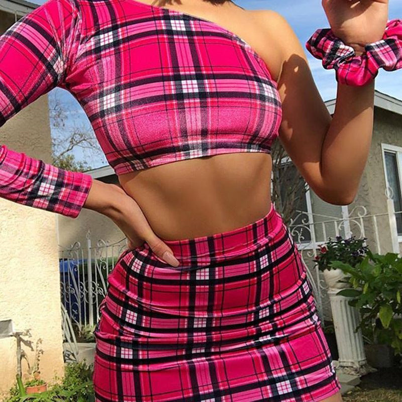 Women Two Piece Set One Shoulder Long Sleeve Crotp Top Skirt