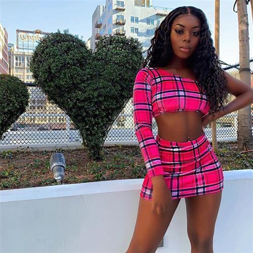 Women Two Piece Set One Shoulder Long Sleeve Crotp Top Skirt