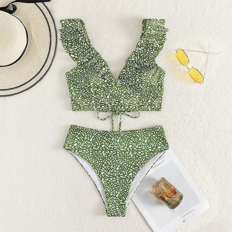 Women's Flounced V-neck Split Swimsuit High Waist Split Bikini