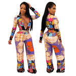 Fashion Digital Printed Long Sleeve V-Neck Jumpsuit