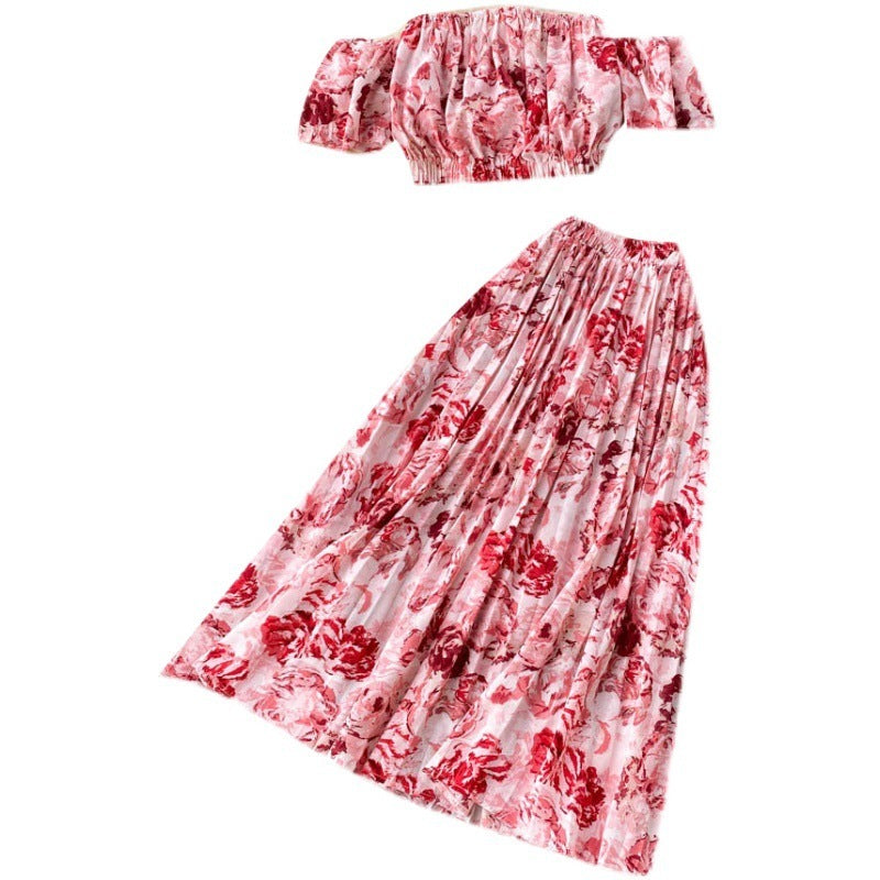 Women's Vacation Style Design Off-shoulder Short-sleeved Tube Top Pleated Skirt Two-piece Set