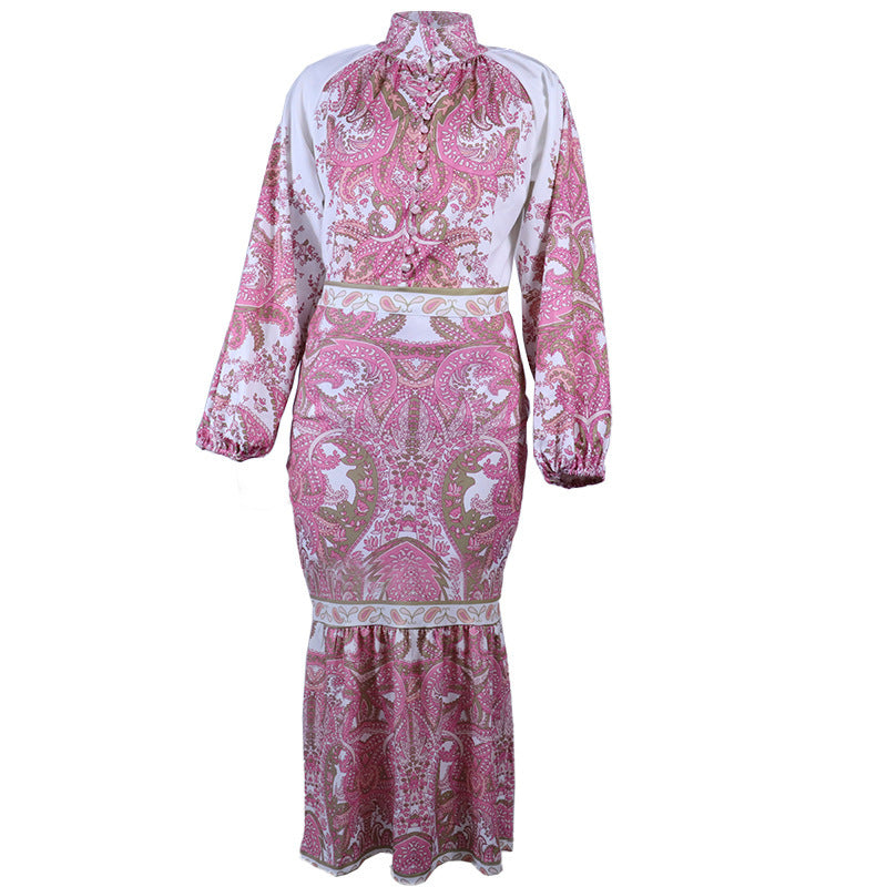 New Bohemian Print Top Wrap Arm Skirt Suit Women