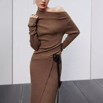 Autumn And Winter French Retro Cashmere Off-shoulder Irregular Top Two-piece Set