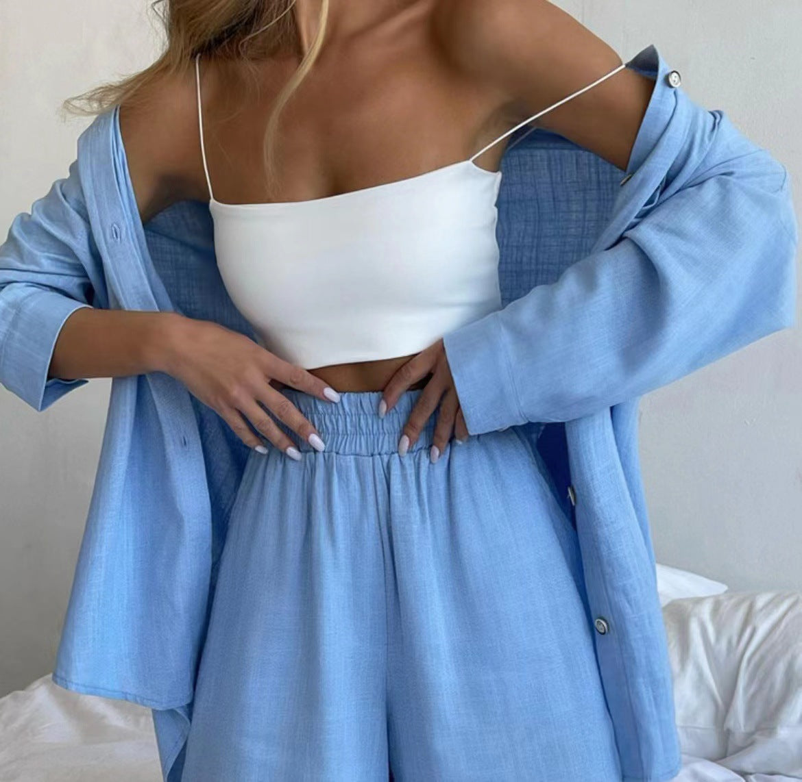Single-breasted Long Sleeve Shirt Loose Casual Shorts Suit