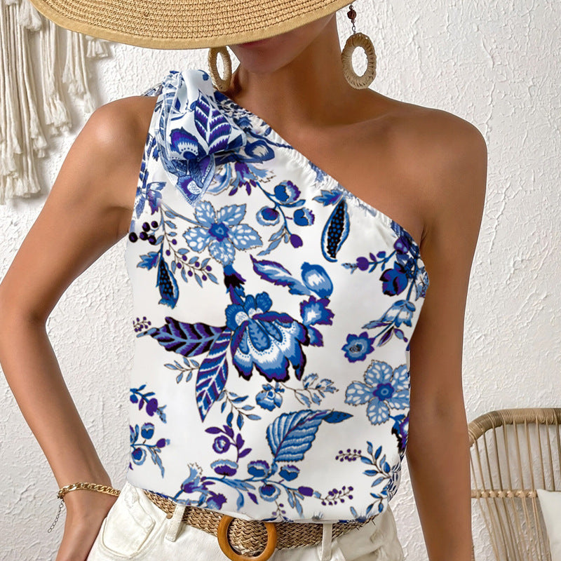 European And American Printed Off-the-shoulder Seaside Vacation Sweet Top