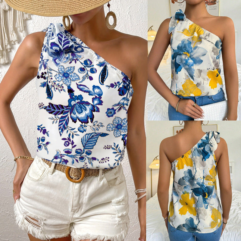 European And American Printed Off-the-shoulder Seaside Vacation Sweet Top