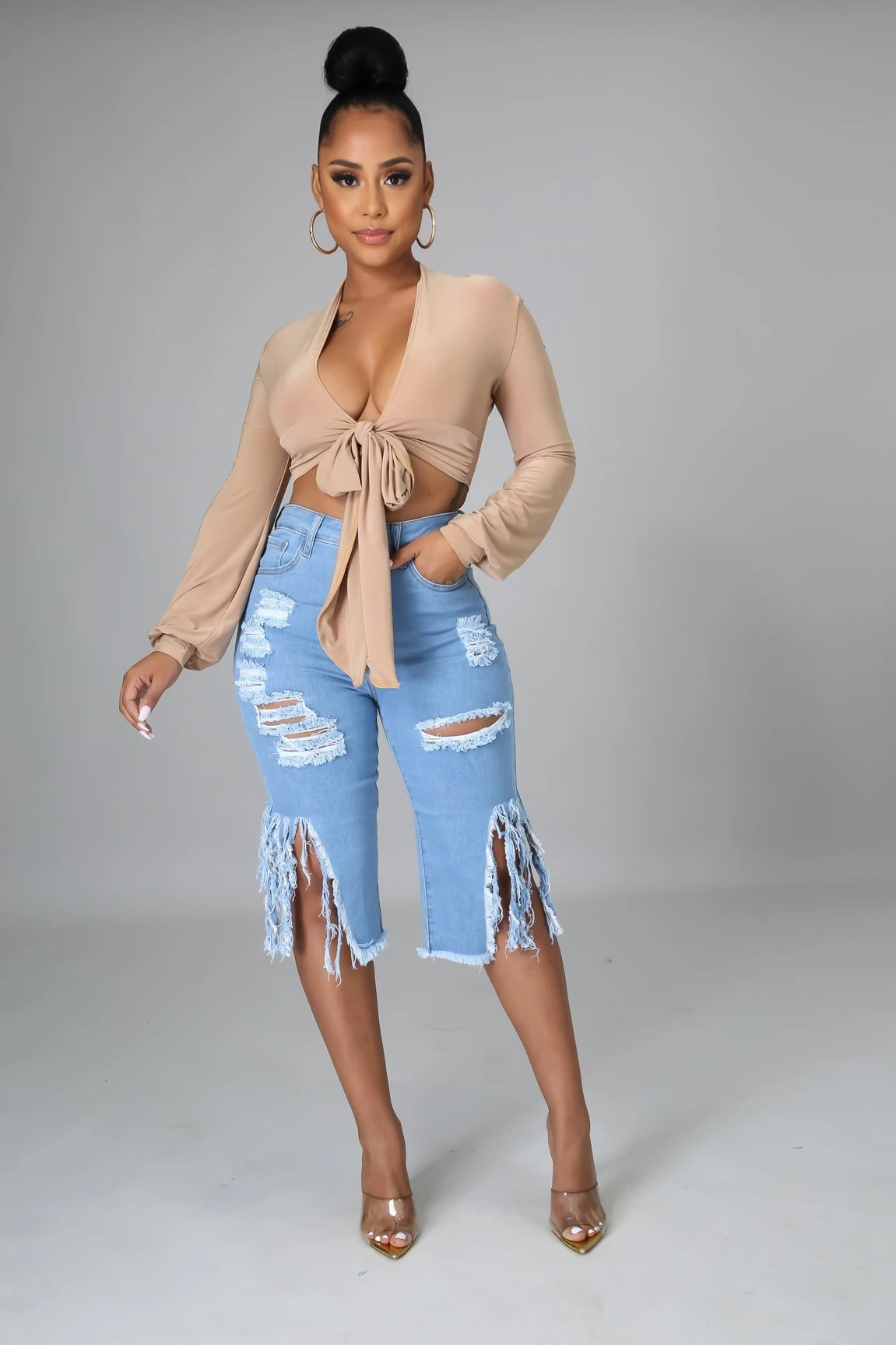 New Style Ripped Elastic Fringed Jeans Women High Waist Knee-length Casual Slim Fit