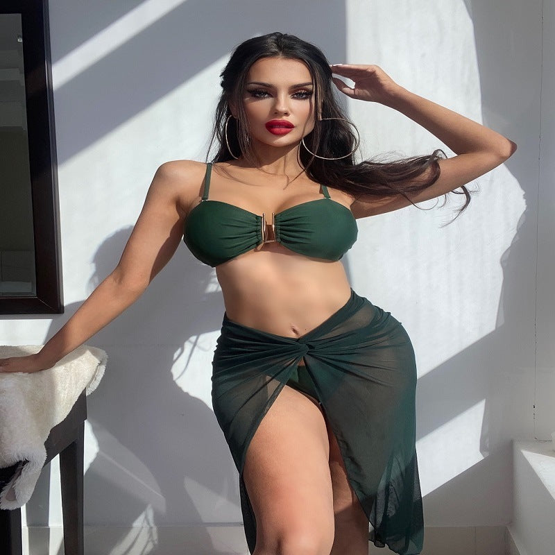 Bikini Three Piece Split Swimsuit Mesh High Waist Conservative