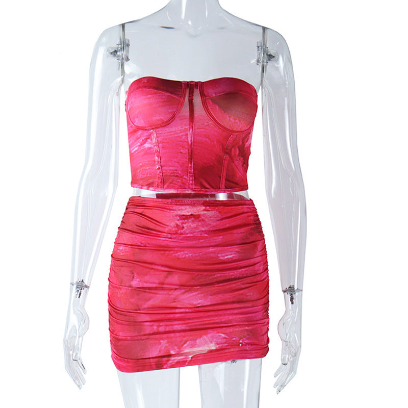 Sleeveless Chest Wrap Off-shoulder Backless Small Vest Fashion Printed Pleated Sexy Skirt Summer Suit