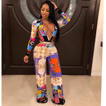 Fashion Digital Printed Long Sleeve V-Neck Jumpsuit