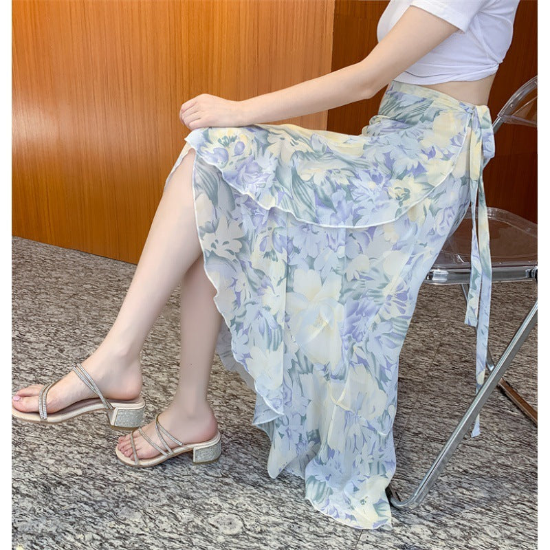 Vacation Style Floral Skirt Chiffon Dress Skirt One-piece Ruffled