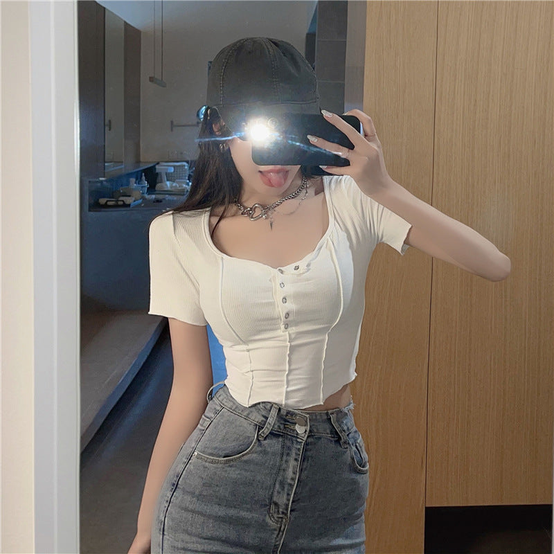 Thin Single-breasted Low Round Neck Short-sleeved Solid