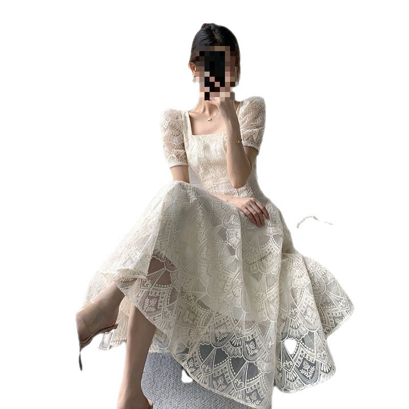 French Square Collar Crocheted Waist-tight Thin Over The Knee Dress