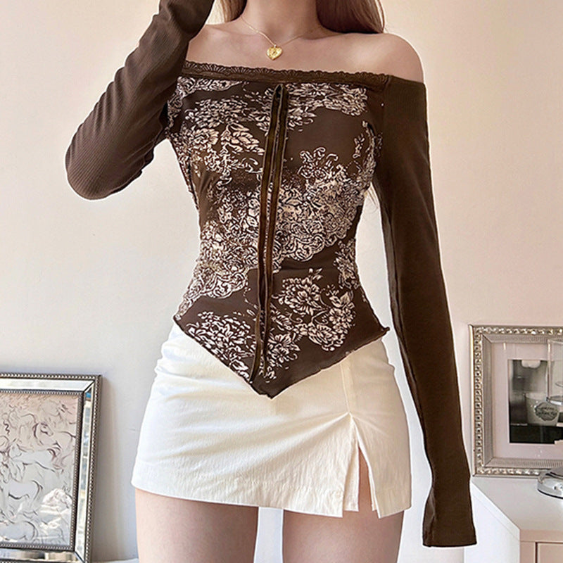 Retro Hot Girl Style Printing Off-shoulder Top