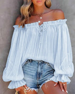 European And American New Off-shoulder Off-shoulder Top Off-shoulder Elastic Loose Bishop Sleeves Top