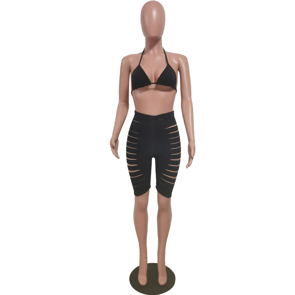 Burnt Flower Hole Swimsuit Vacation Two-piece Set
