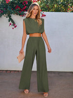 Women Solid Color Sleeveless Top And Long Pants 2-Piece Set For Vacation