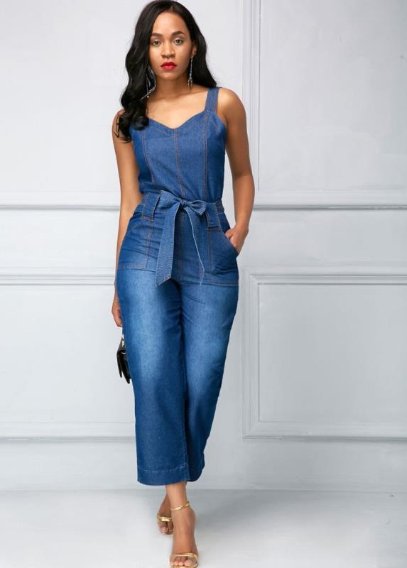 Classy Sling Bowknot Denim Jumpsuit