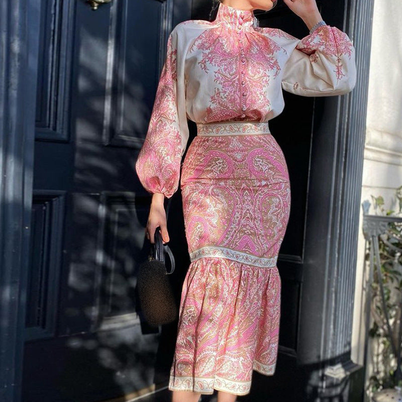 New Bohemian Print Top Wrap Arm Skirt Suit Women