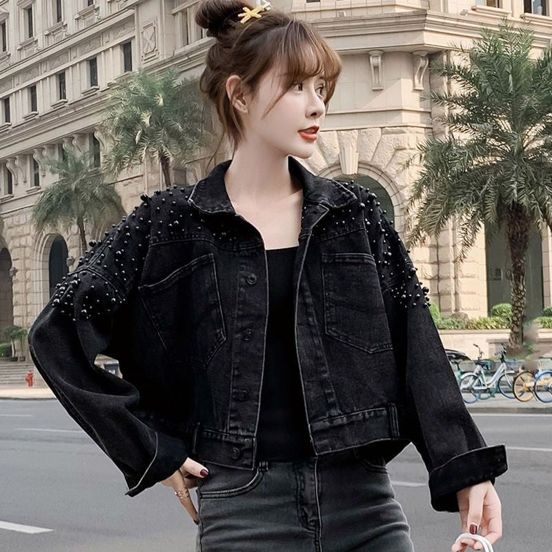 Heavy Industry Beads Short Denim Coat Women's Slimming