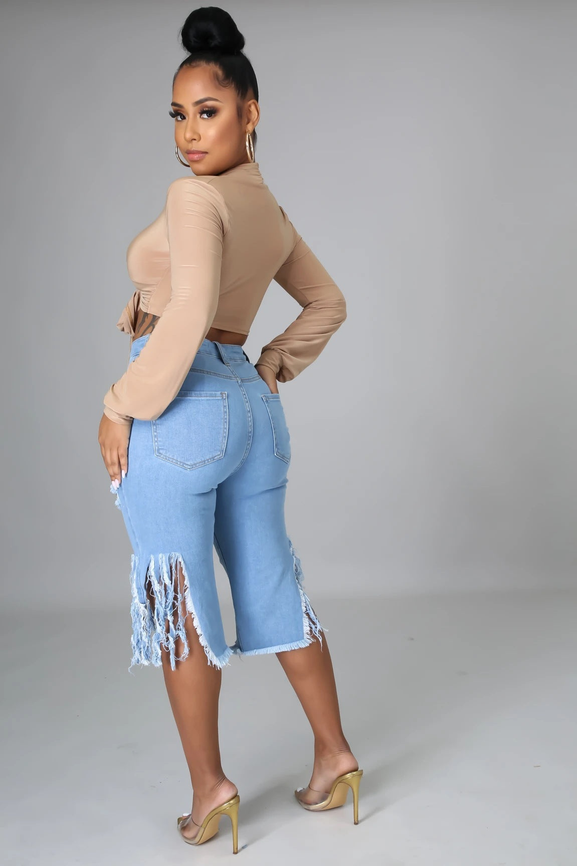 New Style Ripped Elastic Fringed Jeans Women High Waist Knee-length Casual Slim Fit