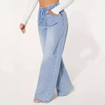 High Waist Drawstring Loose Wide Leg Light Blue Jeans
