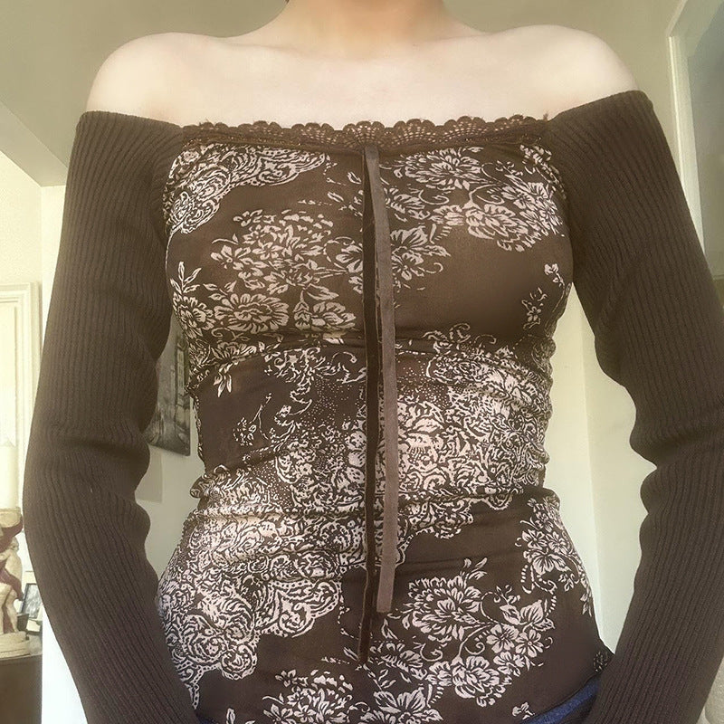 Retro Hot Girl Style Printing Off-shoulder Top