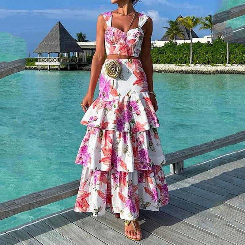 Fashion Vacation Casual Printed Vest Skirt Two-piece Set