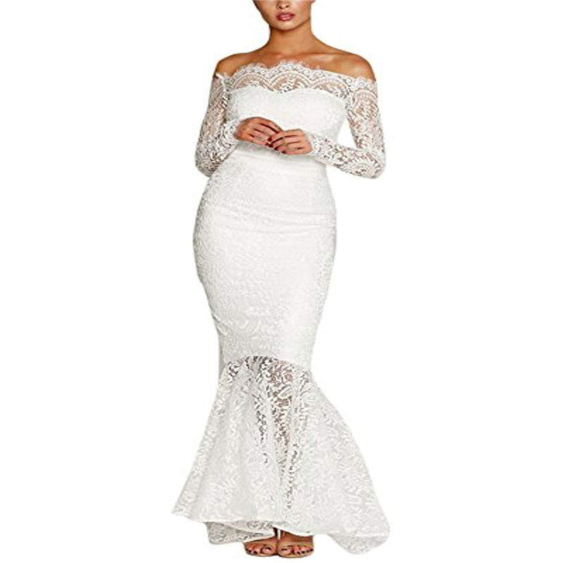 Slim lace off-the-shoulder fishtail wrap dress