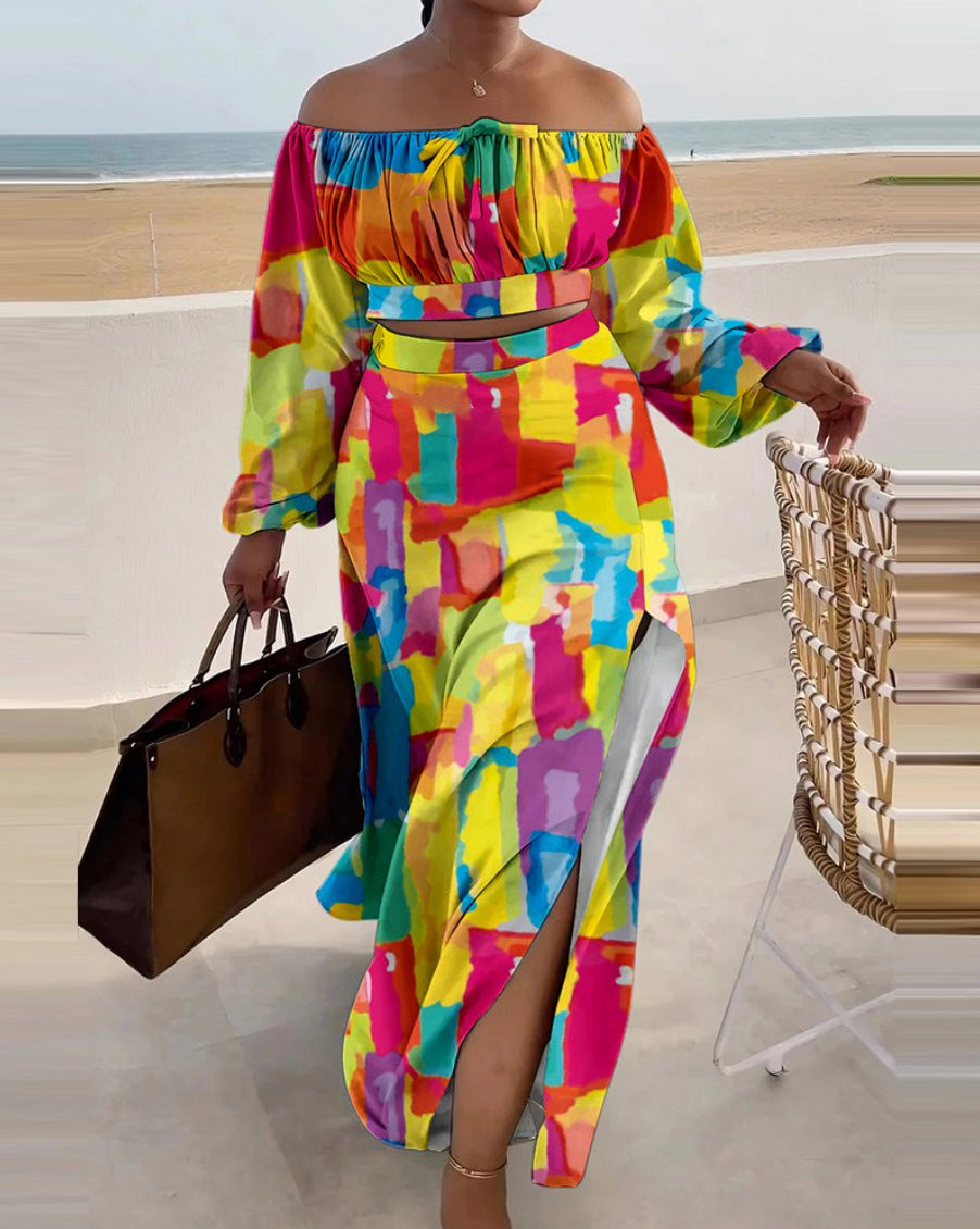 Cross-border Amazon Casual Off-the-shoulder Split Vacation Dress Two-piece Set