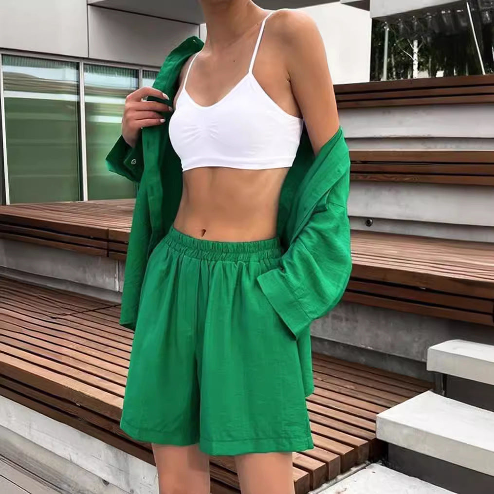 Single-breasted Long Sleeve Shirt Loose Casual Shorts Suit