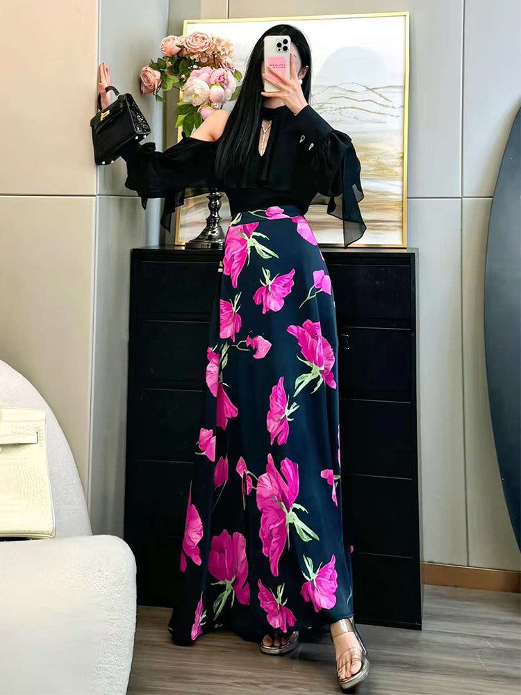 Women's Off-shoulder Halter Shirt Chiffon Top And Skirt